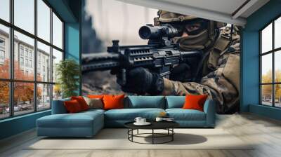 
Portrait of a military man in uniform with a machine gun. Wall mural