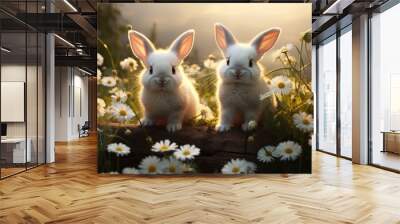 Rabbits in the meadow with daisies. Easter background Wall mural