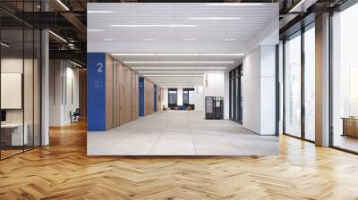 Hall area lobby with wardrobe with blue wall decorate investment company design on white marble floor and information desk with soft blue seats 3d rendering. Wall mural