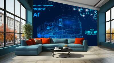 New Year polygonal 3d truck with gifts in dark blue background. A festive atmosphere for your corporate gifts, calendars, banners and postcards. Online cargo delivery service, logistics or tracking ap Wall mural