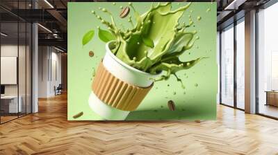 Paper cup of coffee matcha fly with splash, with matcha leaves, 3d illustration, render, in cute style, in cartoon style, high quality, on green background. Advertising: brewed coffee, coffee to go fo Wall mural