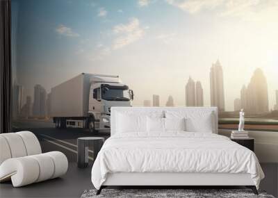 Photo white truck drive on road on landscape city Sharjah. Online cargo delivery service, logistics or tracking app concept. Wall mural