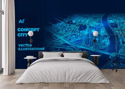 Polygonal 3d city in dark blue background. Outline city concept vector. Wire-frame style. The layers of visible and invisible lines. 3D illustration Wall mural