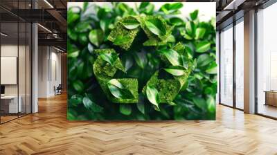 Recycling icon from leaves on white background. The problem of ecology, waste recycling, waste disposal, reusable use, recyclables use, consumer culture. Concept eco earth day. Wall mural