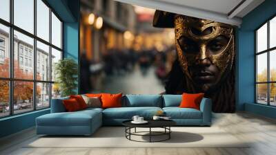 Handsome man in venetian carnival costume with golden mask Wall mural