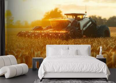 A robotic harvester performs precision wheat harvesting in a modern field. The advanced technology and mechanized equipment emphasize innovative solutions in automated farming. Wall mural