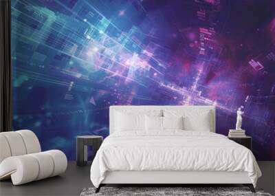 A transformative, futuristic background with a cyber, high-tech cross. The shimmering, complex pattern in pink and blue is sleek and sophisticated. Ideal for a digital wallpaper. Wall mural