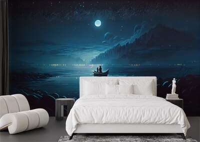 Rowing at night under the moon Wall mural