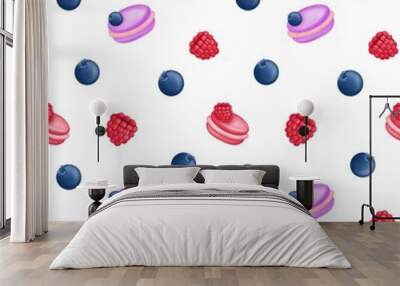 Seamless pattern macarons with berries.Delicious print, sweet decor. Wall mural