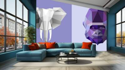 A set of stylized images of animals. Abstract head, icon drawn from geometric shapes. Origami for animal prints on fashion clothes. Rare animals, koala, large elephant, gorilla and panda. Wall mural