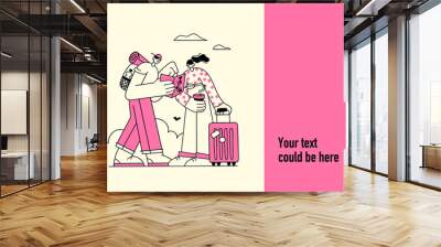 Illustration for website banner or presentation slide. Two characters with suitcases are looking for a way on the map. Linear illustrations people travel the world, move or relocate. One color - pink  Wall mural