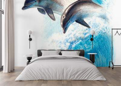 Color drawing: two dolphins on a wave. Watercolor pencils Wall mural