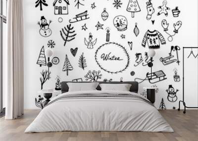 Cute winter black and white set for seasonal design. Hand drawn doodle vector illustration. Wall mural