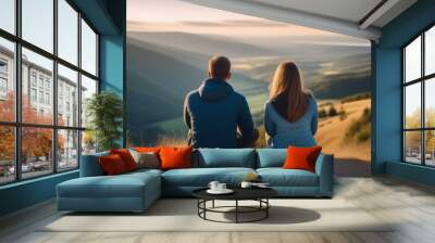 couple a man and a woman sit together bowing their heads on their shoulders and looking into the distance at a beautiful view relationships outdoor recreation dream travel family Mountains Wall mural