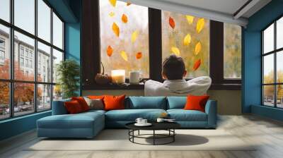 A cute boy wrapped in a blanket looks out the open window at the wonderful autumn nature. Autumn home decor. Cozy fall mood. Thanksgiving. Halloween. Wall mural