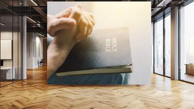 Christian man holds holy bible in hands. Reading the Holy Bible in a home. Concept for faith, spirituality and religion. Peace, hope Wall mural