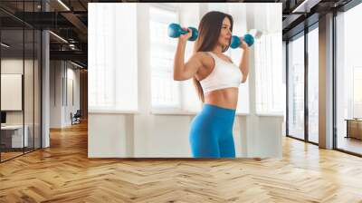 Fitness woman exercising cross fit holding dumbbells. Fitness instructor in the sport room background. Female model with muscular fit and slim body. Wall mural