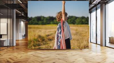 Happy little boy patriot running in the field with American flag Wall mural