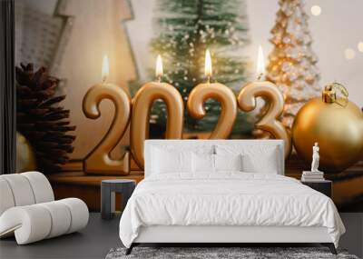 Happy New Years 2023. Christmas background with fir tree, cones and Christmas decorations. Christmas holiday celebration. New Year concept. Wall mural