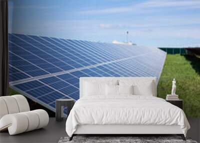 Solar batteries power station located in a field. Renewable energy clean and good environment. Wall mural