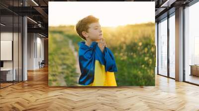 Ukrainian boy closed her eyes and praying to stop the war in Ukraine in a field at sunset. Hands folded in prayer concept for faith, spirituality and religion. War of Russia against Ukraine. Stop War Wall mural