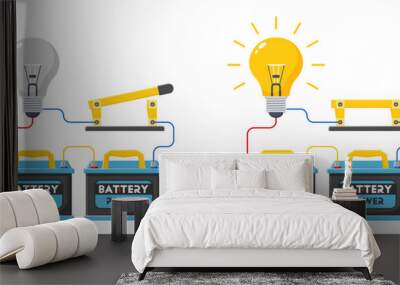 Basic electric circuit experiment, an electric circuit, with accumulator battery light bulb, open circuit, and close circuit concept. Wall mural