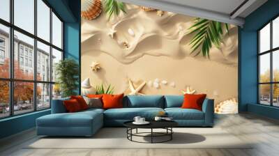 A beach scene featuring starfish scattered among palm leaves on the sand, under a warm summer sky. Generative AI Wall mural