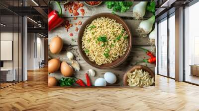 A bowl of instant noodles sits in the center of a kitchen table surrounded by fresh vegetables, herbs, eggs, and spices. Generative AI Wall mural