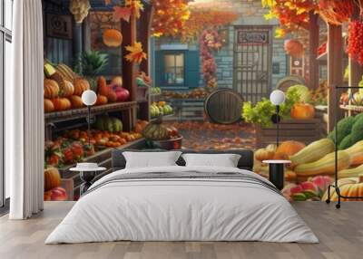 A bustling farmers market stall showcases a colorful array of fall harvest bounty, including pumpkins, vegetables, and fruit. Generative AI Wall mural