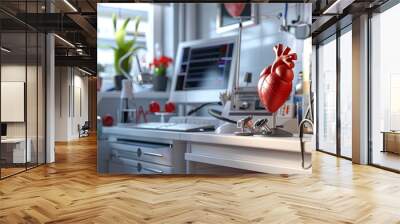 A clean, professional cardiologists office with medical equipment, including an ECG machine, a stethoscope, and anatomical heart models. Generative AI Wall mural