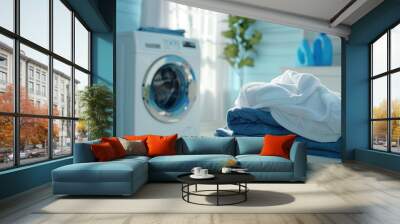 A close-up view of freshly laundered clothes neatly folded and stacked on a counter in a bright bathroom next to a washing machine. Generative AI Wall mural