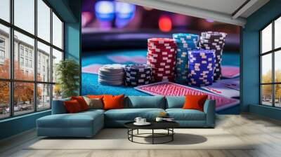 A colorful casino poker table with stacked chips and playing cards in a lively gaming atmosphere at night. Generative AI Wall mural