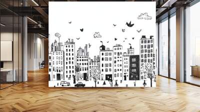 A colorful illustration captures a busy urban environment with doodled buildings, cars, and people, creating a lively city atmosphere. Generative AI Wall mural