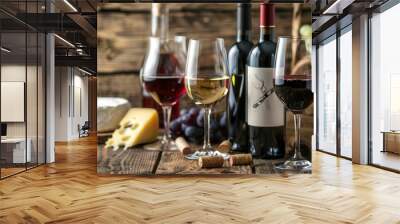 A cozy wooden table is set with wine bottles, glasses, and cheese, perfect for an intimate gathering. Generative AI Wall mural