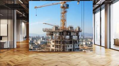 A crane and a building under construction against a blue sky background. Builders work on large construction sites, and there are many cranes working in the field of new construction. Wall mural