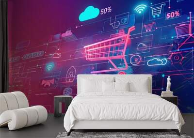 A digital abstract background with a futuristic shopping cart, product icons, Wi-Fi signals, and bold 50% OFF text. Generative AI Wall mural