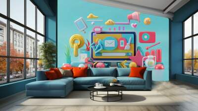 A digital marketing 3D render illustration showing a computer screen with various objects surrounding it, representing social media marketing, promotion, and internet advertising. Generative AI Wall mural