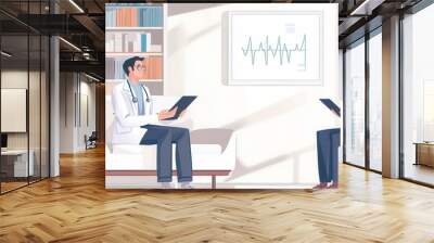 A doctor explains the diagnosis to a patient in a well-lit consultation room filled with medical resources. Generative AI Wall mural