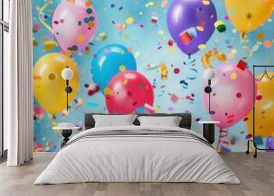 A festive birthday party scene with colorful balloons, confetti, and presents. Generative AI Wall mural