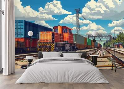 A freight train loaded with colorful containers is at a railway station, ready for transportation under a bright sky. Generative AI Wall mural