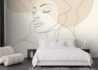 A graceful silhouette of a woman's profile is elegantly outlined, capturing a serene expression against a subtle background hue. Generative AI Wall mural