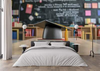 A graduation cap is placed on top of stacked books in a classroom filled with educational resources and a blackboard. Generative AI Wall mural