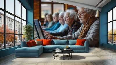 A group of elderly participants focus on their laptops during a computer course designed to improve digital skills and literacy. Generative AI Wall mural