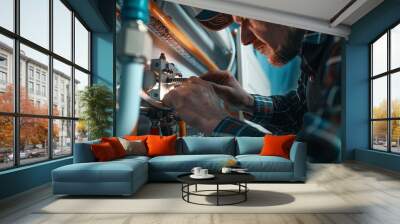 A heating system installer works meticulously on pipes and connectors, ensuring a comfortable home environment. Generative AI Wall mural