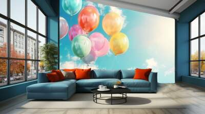 A joyous scene of a graduation party, featuring colorful balloons with congratulatory messages floating in the blue sky, representing the celebration of academic achievements. Generative AI Wall mural