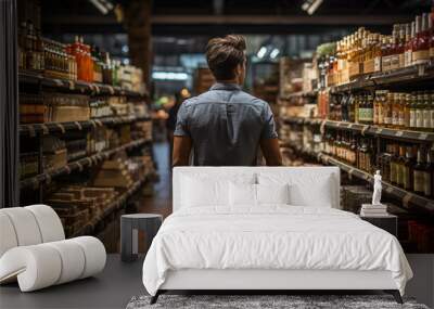 A man between rows in a store making a choice. Back view. Generate Ai Wall mural