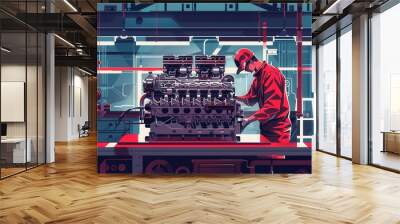 A mechanic is conducting a computer diagnosis on a vehicle while working on an engine repair in a well-equipped auto shop. Generative AI Wall mural