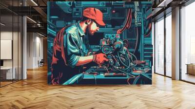 A mechanic repairs an engine and conducts a computer diagnosis in a well-equipped workshop, focusing on vehicle maintenance and troubleshooting. Generative AI Wall mural