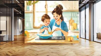 A mother and her child are cooking together in a bright kitchen, creating a happy and heartwarming scene. Generative AI Wall mural