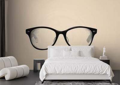 A pair of elegant black eyeglasses rests centrally on a muted beige background, highlighting their sleek silhouette and clear lenses. Generative AI Wall mural